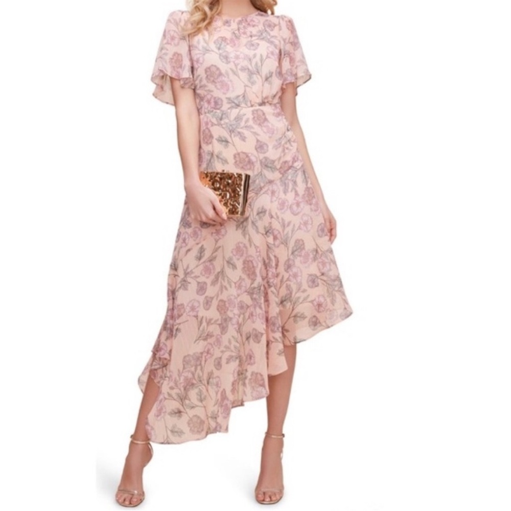 Astr Floral Pink Asymmetric Midi Dress with Flutter Sleeves